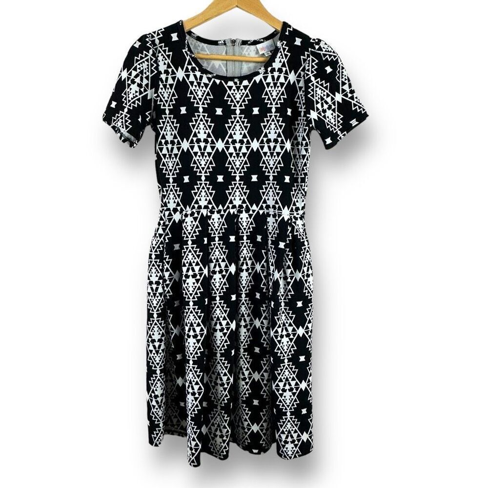 LuLaRoe Women's S Amelia Fit & Flare Midi Dress Southwestern Aztec Print Black